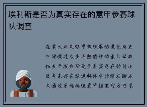 埃利斯是否为真实存在的意甲参赛球队调查